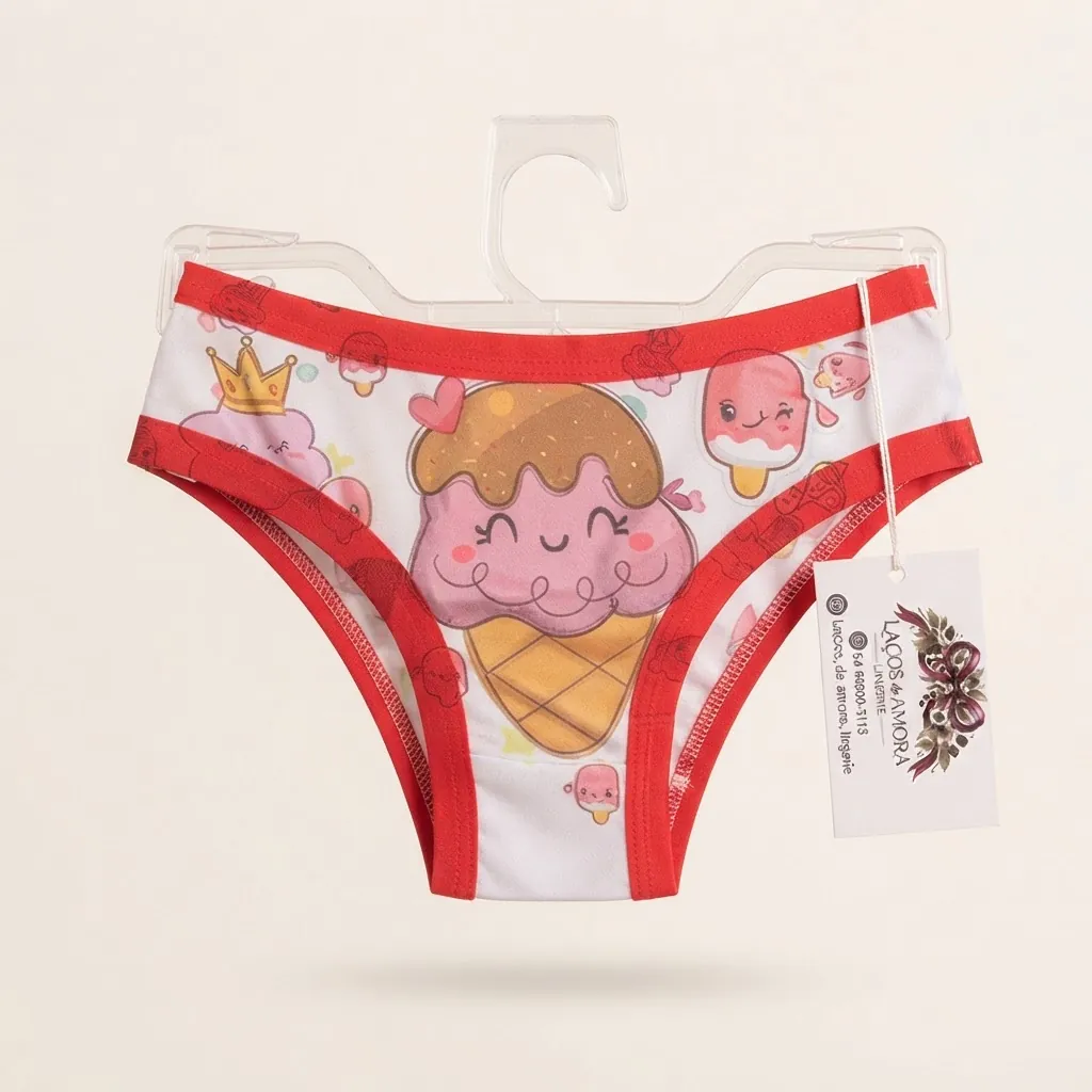 Calcinha infantil com estampa de sorvete e friso vermelho