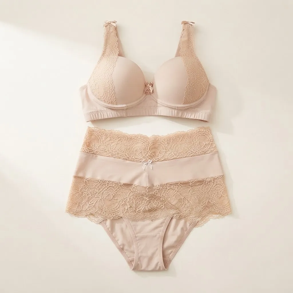 Conjunto nude com sutiã com bojo e calcinha com detalhe em renda