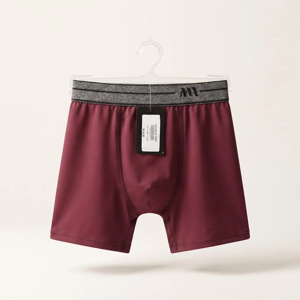 Boxer vinho com cós cinza em cabide