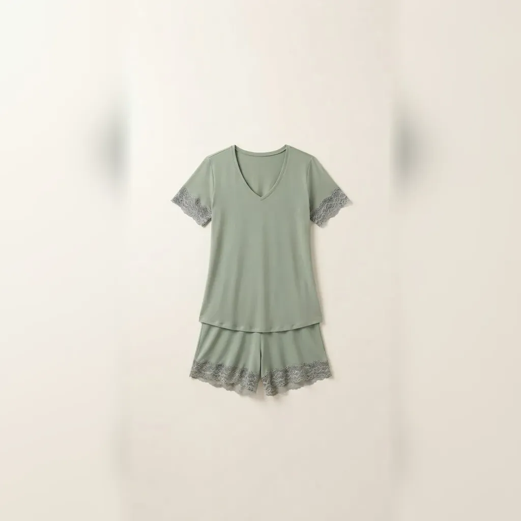Pijama curto verde com detalhes em renda