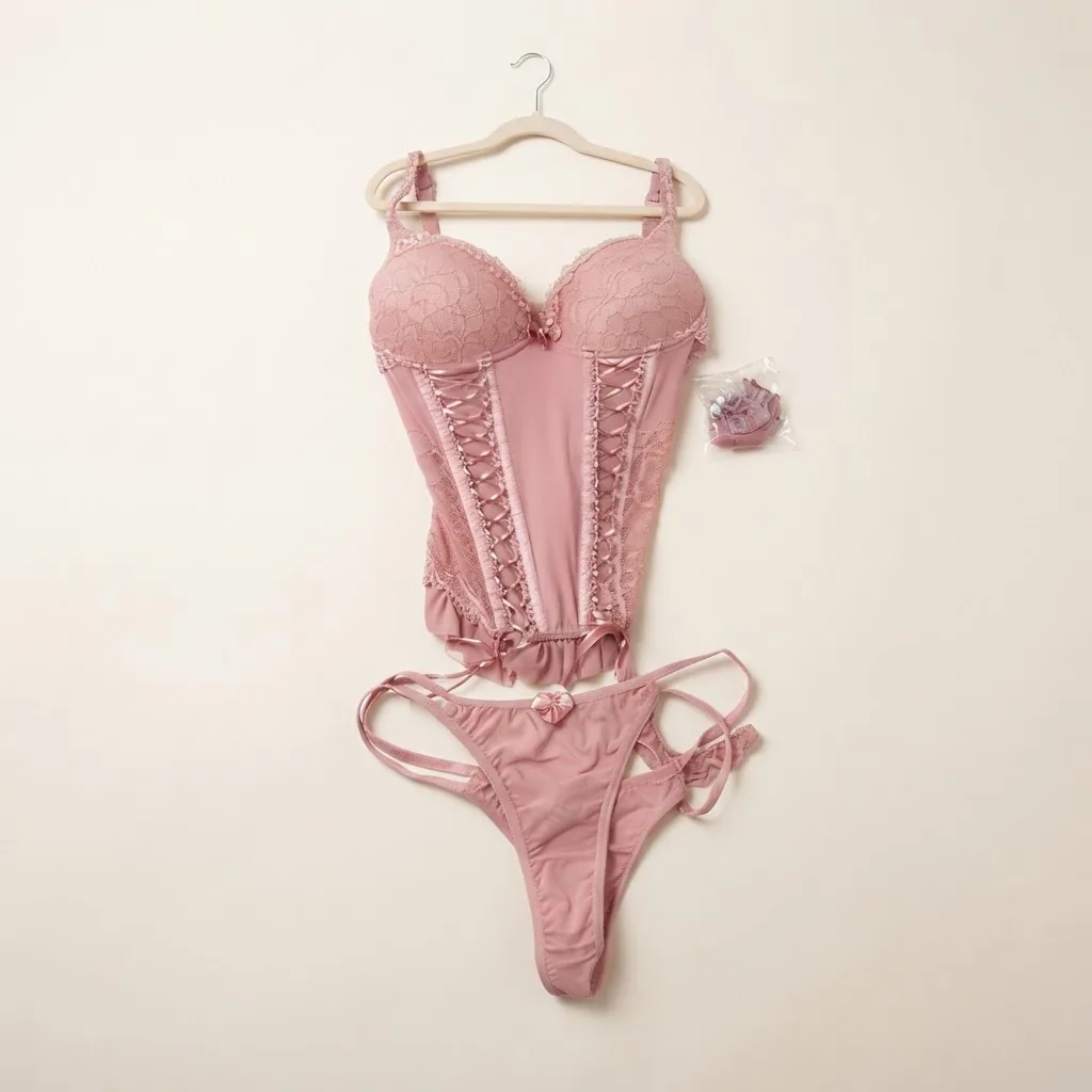Conjunto de lingerie rosa com renda e detalhes em laço